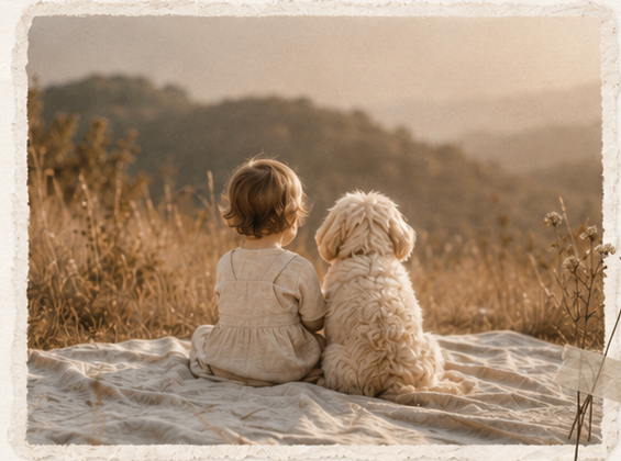 A toddler sitting beside a fluffy dog in a golden field